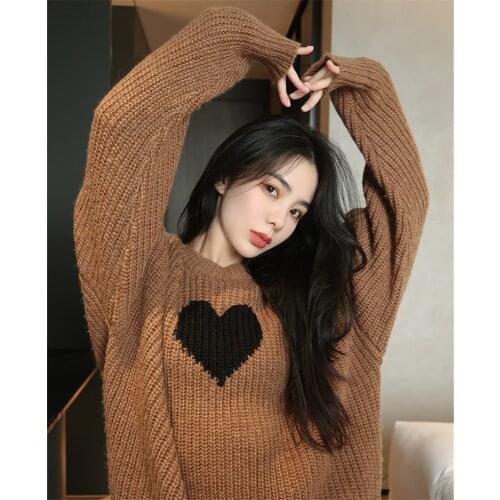 LMQ NEW 2020 Autumn Winter Women Long Sleeve Lovely Heart Pattern Sweaters Loose Pullovers Oversized Tops Knitted Jumper