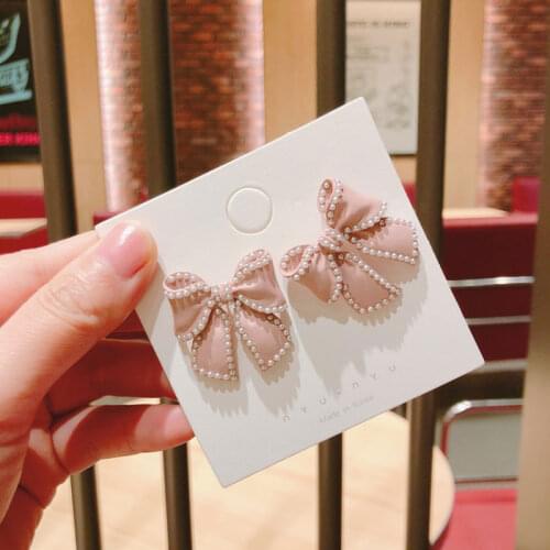 Fashion Pink Autumn Winter Pearl Bow Simple Stud Earrings For Woman