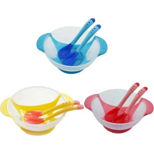 Baby Anti-fall Suction Cup Bowl Set Infant Slip-resistant Tableware Training Bowls Kids Temperature Sensing Spoon Suit MY0014