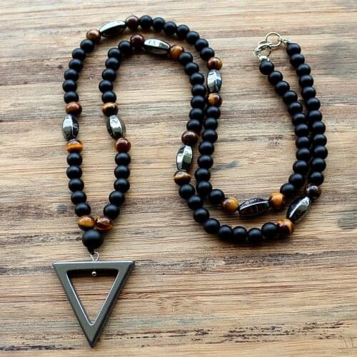 New Design 6MM Tiger stone bead Black Mens Hematite triangle pendants Necklace Fashion Jewelry Pendant size about 3 * 3 cm