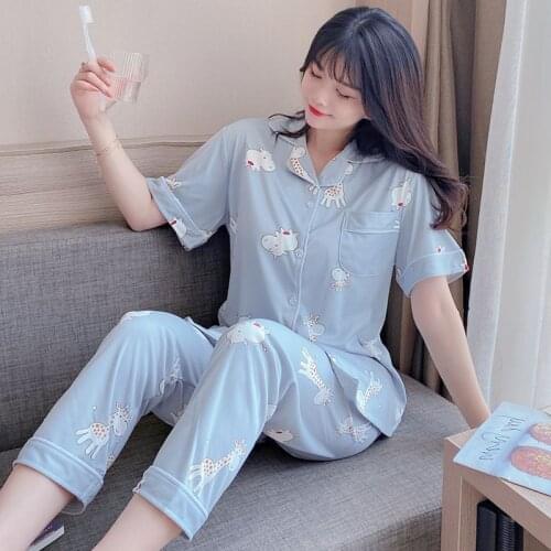 2 Pcs Pajamas Suit Summer Lapel Button Top And Trousers Sleepwear Set Cute Cartoon Prints Plus Size Home Wear Suit