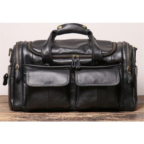 POOLOOS High Quality Large Big Vintage Brown Black Genuine Leather Business Men Travel Bags Shoulder Messenger Duffle Bag M0571