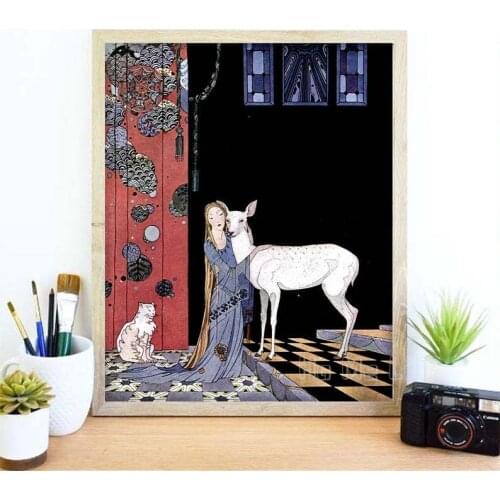 Cat Deer Print Fairy Tale Poster Animal Vintage Art Bedroom Wall Decor Cool Gifts