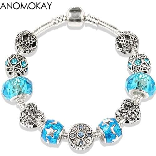 Dropshipping Blue Crystal Charm Bracelet with Marano Beads fits Original Bracelet for Women Men Friendship Bracelet Gift