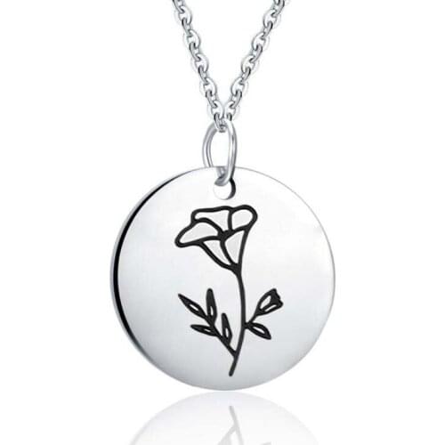 Birth Flower Necklace Engraved Floral Necklaces Dainty Birth Month Flower Disc Charm Hand Stamped Necklace Birthday Gift for Her