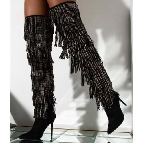 Drop Shipping Woman Sexy Black Sliver Rhinestone Tassel Over The Knee Boots Pointed Toe 120 mm Thin Heels Thigh Long Boots Shoes