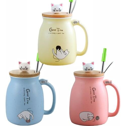 Creative color cat heat-resistant Mug cartoon Coffee Mug with Lid and Spoon and Straws Coffee Milk Tea Water Cups Creative Gifts
