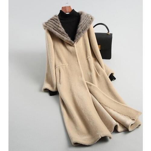 High Quality Womens Fur Coat 100% Wool Woman Jacket Winter Clothes Women Hooded Mink Fur Collar 2021 Ropa Para Mujer Pph2923