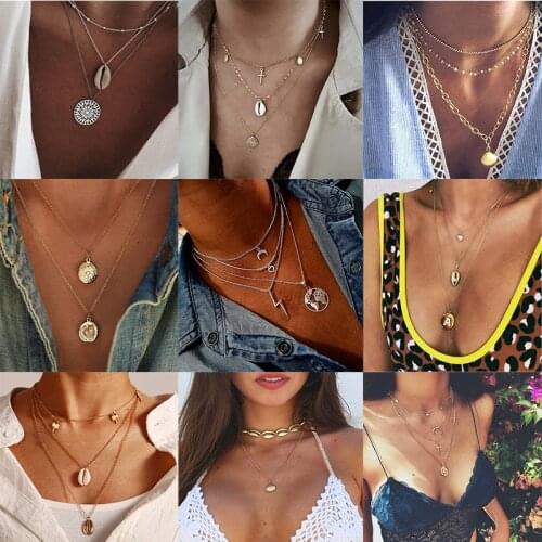 YWZIXLN Bohemian Gold Color Multi-elemen Shell Moon Star Pendant Necklace For Women Jewelry Accessories Gift Wholesale N028