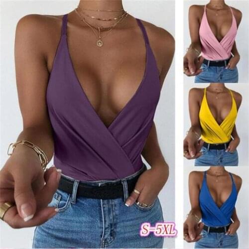Summer 2021 Casual Solid Color Women T-Shirt Sexy Deep V Neck Cross Sleeveless Strap Tee Top Basic Tshirt Clothes Oversize S-5XL
