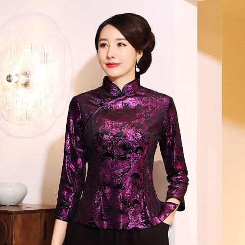 Chinese Traditional Tang Clothing Female Noble Velour Blouse Large Size 3XL-5XL Retro Tops Vintage Floral Mandarin Collar Shirt
