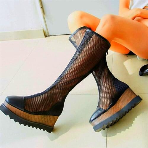 Party Military Womens Summer Cow Leather Square Toe Knee High Boots Sandals Platform Heel Tall Long Boots 34-43