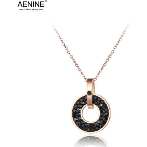 AENINE Trendy Black & White Crystal Pendant Necklaces For Women Girl Rose Gold titanium Stainless Steel Wedding Necklace AN18072