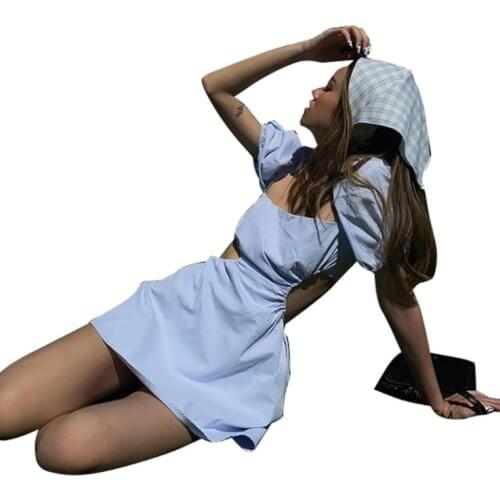Female Backless Dress Solid Color Square Collar Short Puff Sleeve for Summer Blue S/M/L