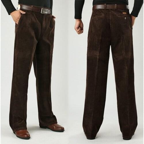 Winter Mens Cashmere Casual Pants Mens Cotton Corduroy Double Pleated High Waist Loose Thick Pants More Size 30-44 46