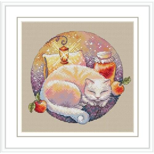 Gold Collection Counted Cross Stitch Kit Sleeping cat good night dream white cat kitty