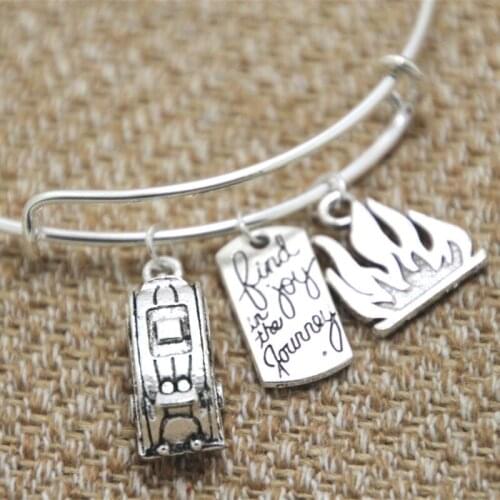 12pcs Camping Trailer-Traveler with fire and Find joy in the journey charm bangle bracelet