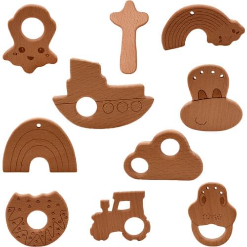 2020 1pcs Infant Baby Wood Teether Shape Natrual Wooden Baby Teether Toys Wood Teething Accessories Baby Shower Gifts Silicone