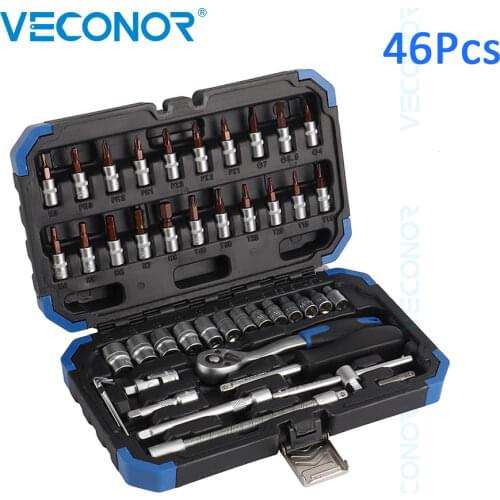 46Pcs Ratchet Socket Set Wrench Tools 1/4" Drive Socket Screwdriver Bit Household Universal Sockets Set with Blow Case