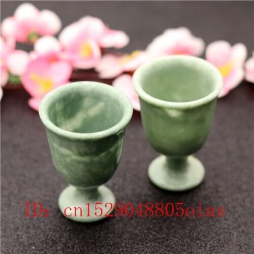 2Pcs Natural White Green Jade Wine Glass Chinese Style Cup Crafts Tea Healthy Energy Appliances