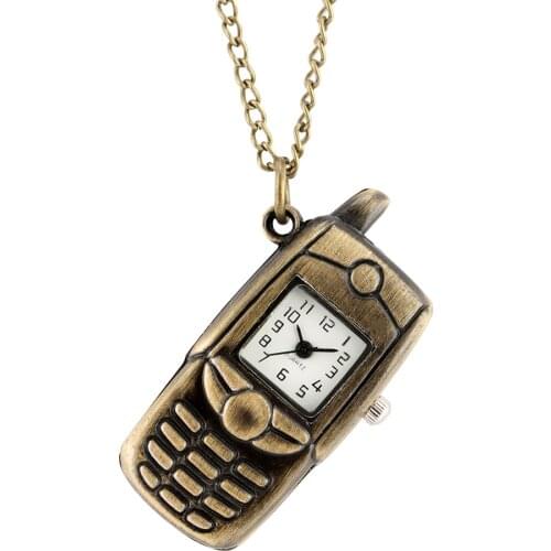 Bronze Phone Shaped Pendant Necklace Pocket Watch for Kids Quartz Pocket Clock Unisex Retro Watches Gifts