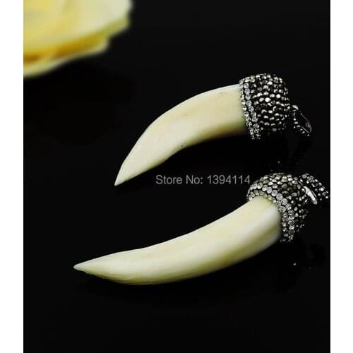 Wolf Teeth Pave CZ Horn Pendant Black Gun Plated, CZ Paved On The Top Approx 60*20 mm
