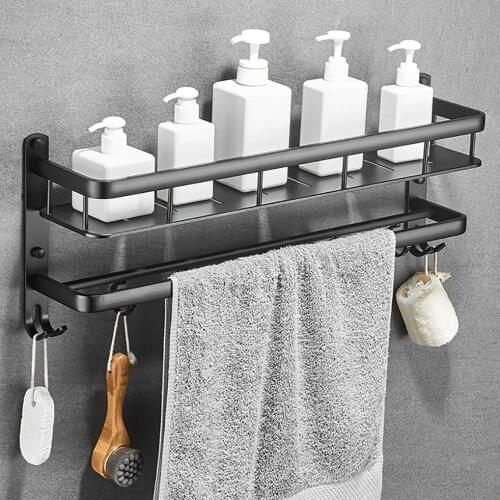 Black Aluminum Bathroom Shelf Wall Mount Floating Shower Caddy Bath Rack with Bar and Hook for Shampoo Shelves Storage Kitchen