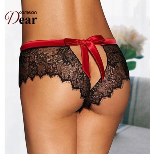Comeondear Women Panties Mid-Rise Crotchless Panty With Bows Plus Size Thin And Breathable Solid Sexy Panties-PB5134