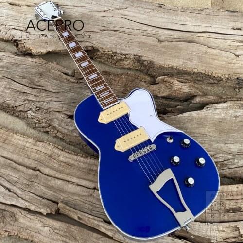Blue Color Semi Hollow Body Electric guitar, Cream color P90 Pickups, Chrome Hardware, White Pickguard