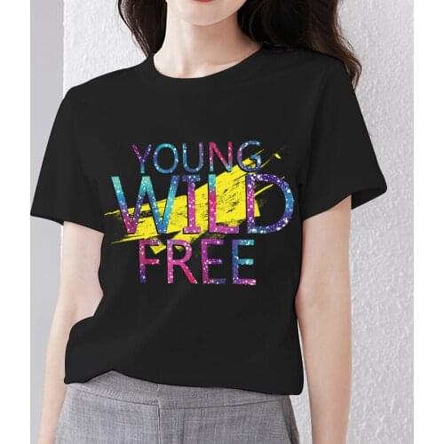 Womens Casual T-shirt Black Classic Round Neck Print Ladies Short-sleeved Wild Letter Pattern Series Female T-shirt Clothes