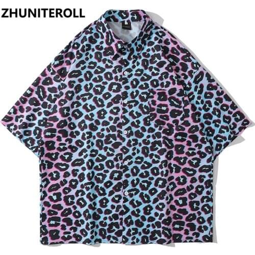 Harajuku Hawaiian Shirt Hip Hop Leopard Print Beach Shirt 2021 Men Streetwear Summer Short Sleeve Aloha Shirt Casual Thin Shirt