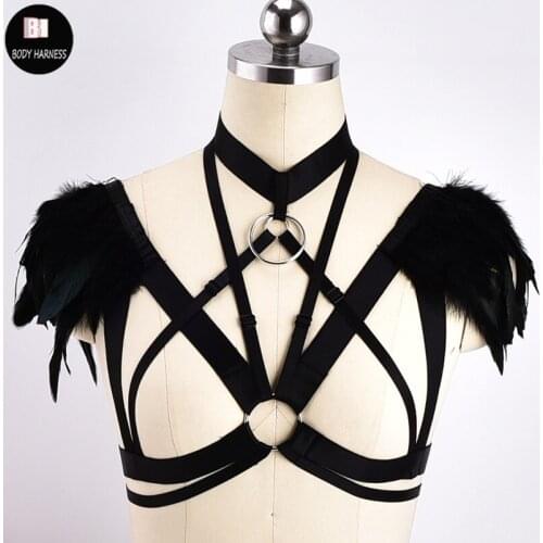 Goth Crop Tops Feather Body Harness Angel Wing Epaulettes Harness Bra Festival Rave Sexy Black Hollow Out Triangle Body Cage