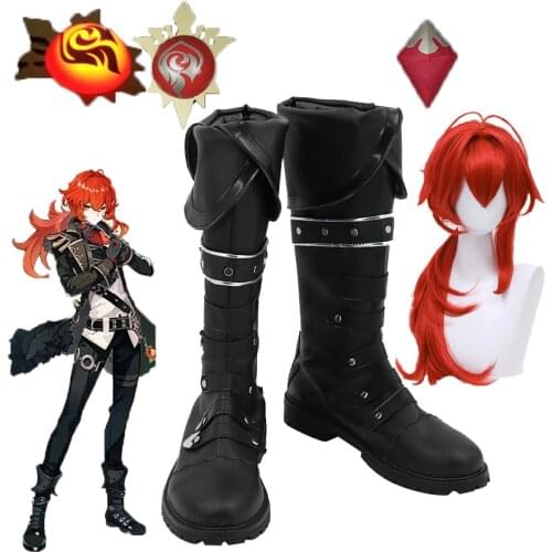 Game Genshin Impact Diluc Cosplay Shoes Black Boots Custom-made Costume Accessories Halloween Wigs and accessories props