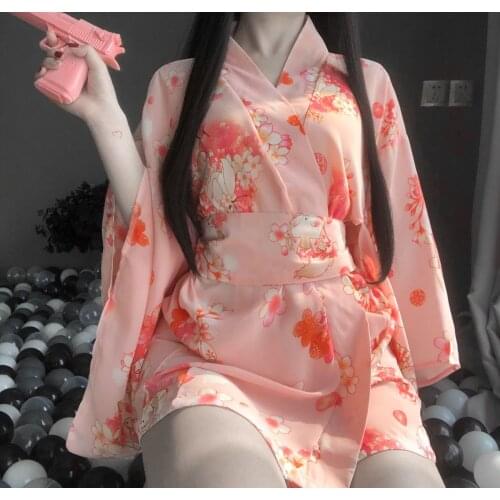 Japanese Kimono Sexy Cosplay Outfit for Women Traditional Style Robe Yukata Costumes Pajamas Soft Silk Belt 3pcs Set Pink Set