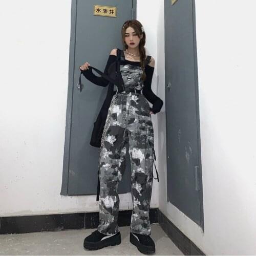 HOUZHOU Harajuku Overalls Jumpsuit Women Cargo Pants Vintage Streetwear Gothic Oversize Wide Leg Pocket Pants Casual Trousers