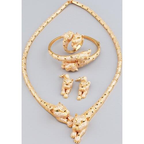 Leopard earrings Cubic Zirconia Stone Panther choker necklace Bracelet rings for Women designer copper jewelry set 2021 trend