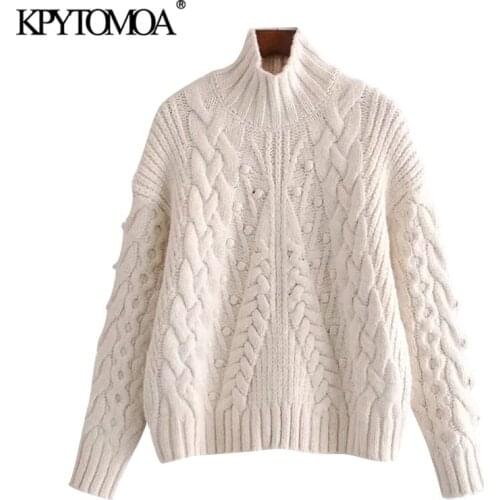KPYTOMOA Women 2021 Fashion Pompom Apliques Loose Cable-knit Sweater Vintage High Neck Long Sleeve Female Pullovers Chic Tops