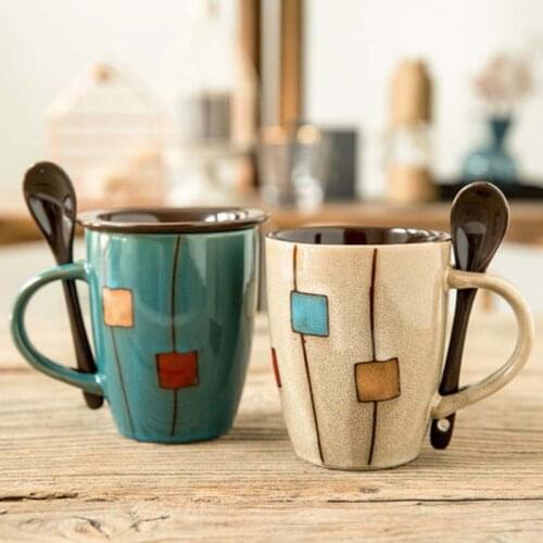 Creative Ceramic Cup Retro Personality Trend Mug Couple Simple Cup Coffee Cup Household Water Cup Spoon with Lid
