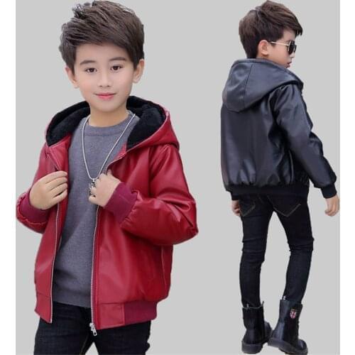 Childrens clothes winter autumn hooled leather jacket boy PU coat 3-15 years old Synthetic leather warm coat