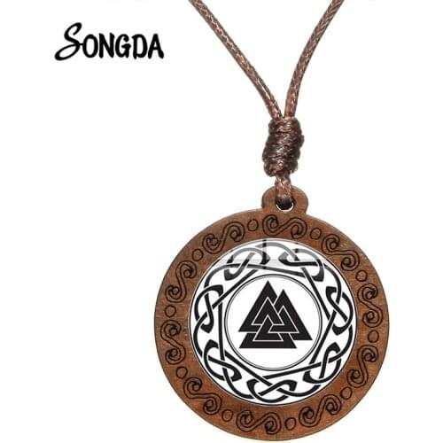 Punk Scandinavian Norse Viking Necklace 9 Patterns Rune Glass Cabochon Amulet Pendants Creative Wooden Necklaces for Men