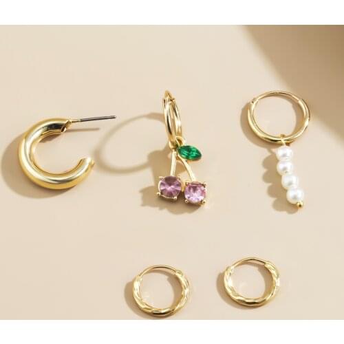 Fashion Simple Geometric C-shaped Asymmetry Earrings for Women Imitated Pearl Diamond Cherry Stud Earrings Set Accessories 2021