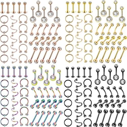 Stainless Steel CZ Body Piercing Jewelry Lot Bulk Eyebrow Piercing Tongue Barbell Labret Stud Horseshoe Nose Ring CBR Earing Set