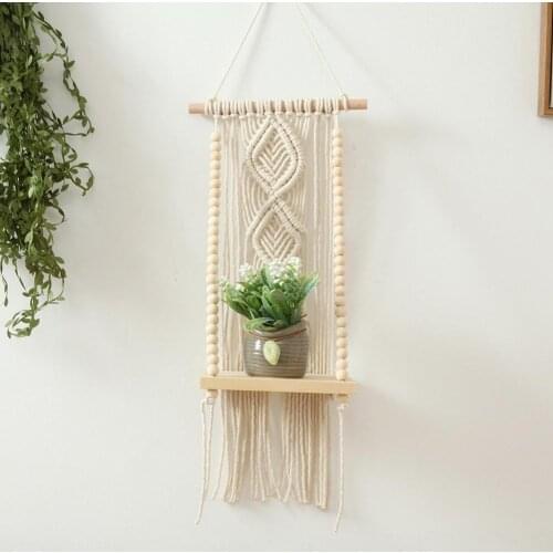 Boho Handmade Tassel Macrame Tapestry Wall Hanging Shelf Boho Cotton Rope Woven Plant Hanger Wood Floating Shelf Wall Decor