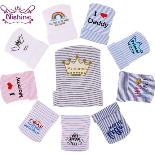 Nishine Newborn Baby Cotton Hats Printed I Love Mommy Daddy Beanie Cap Infant Toddler Soft Knit Bonnet Kid Birthday Gifts