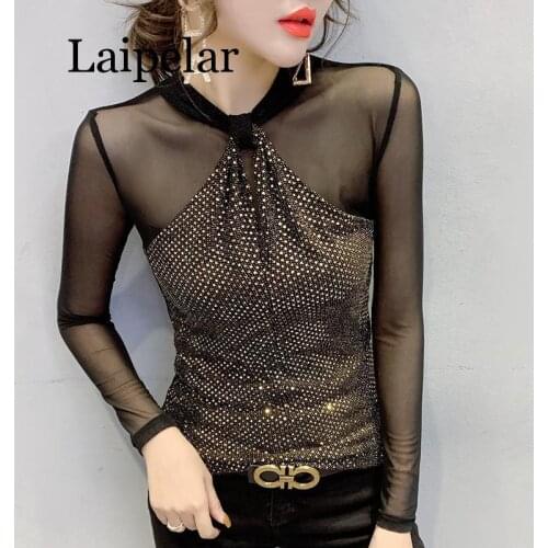 2020 New Spring Autumn Clothes Sexy Mesh Patchwork Shiny T-shirt Women Tops Ropa Mujer Bright Gold Bottoming Shirt Tees