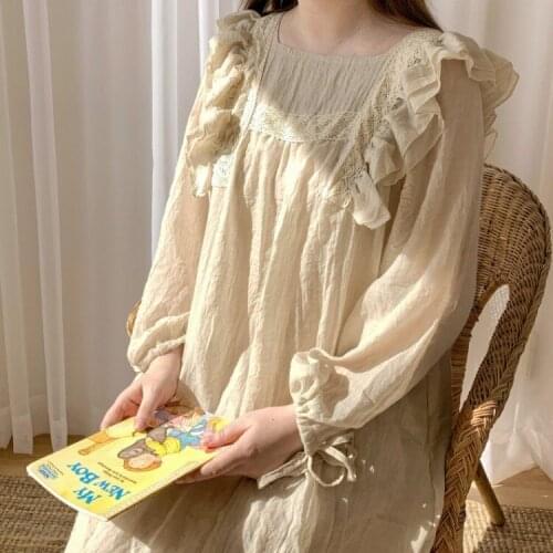 Autumn/winter French Design Lace Nightgowns Long Sleeve Solid Square Collar Sexy Night Dress Womens Casual Home Sleeping Skirt