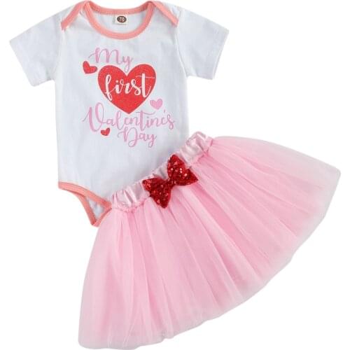 0-2Y My 1st Valentines Day Baby Girl Outfits Newborn Infant Letter Romper Bow Tulle Skirts Costumes Baby Clothing