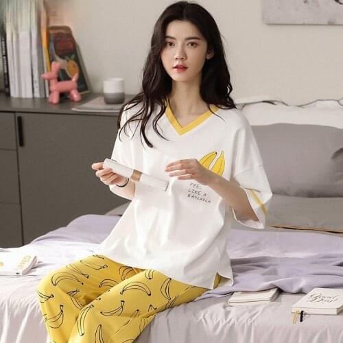 Pajamas Womens Summer High-end High-quality Cotton Short-sleeved Sweet Cartoon Trousers Home Clothing Outer Wear for Women