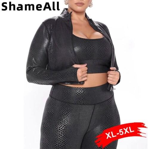 Plus Size Punk Faux Pu Leather 3 Pieces Set 5XL Zipper Jacket Vest Stretchy Skinny Pant Tracksuits Sexy Black Serpentine Outfits