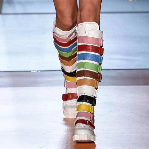 Women Knee High Boots Mixed Colors Flats Boots Girls Side Zipper Fashion High Boots Runway Shoes luxury High heels Boots Women